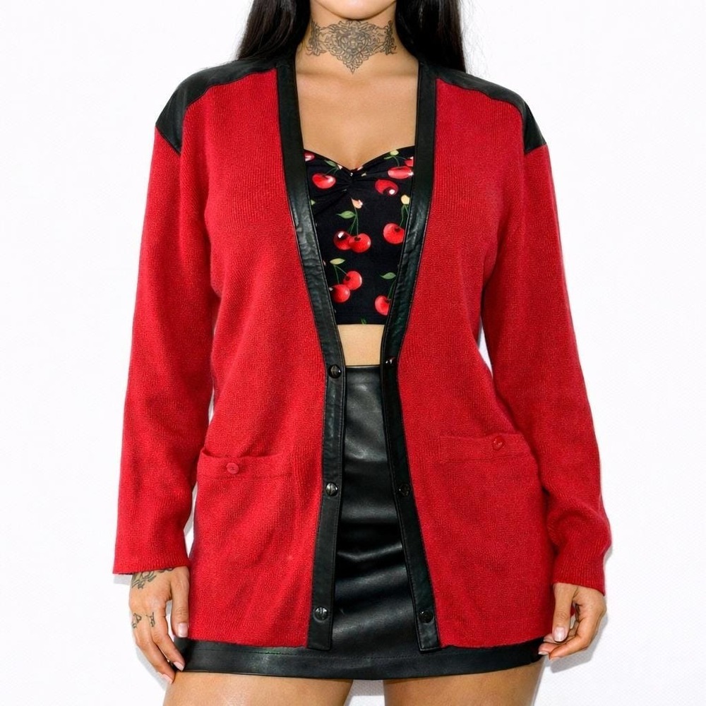 80s Vintage Red Wool Leather Trim Long Cardigan Jacket Eleanor Brenner Womens M